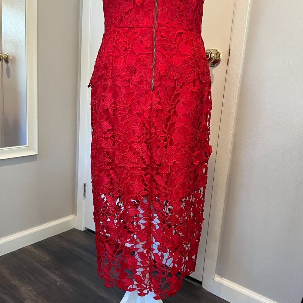 Betsy & Adam Red Crochet Lace Tulip Illusion Hem Cocktail Dress, Size 12 - Picture 12 of 16